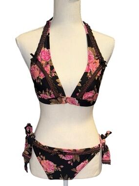 Betsey Johnson vintage rose Bikini Black and Pink Floral Swim Set